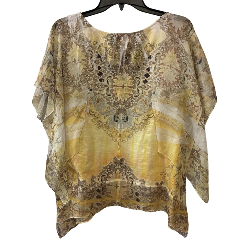 One World Embellished Lace Accent Top Boho Chic Yellow Print Blouse Size Small - Picture 4 of 10